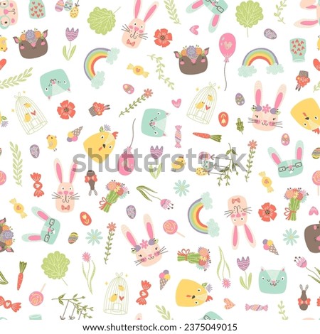 vector easter seamless pattern cute clipart: easter bunny, easter eggs, flower, plant, rainbow, balloon, deer, cat, cartoon easter repeating background tile spring clip art fabric child wrapping paper