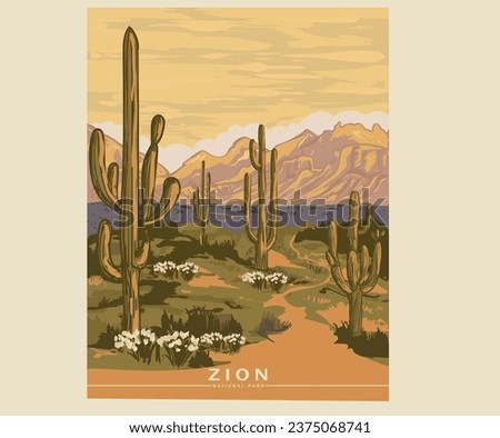 Zion national park art. Wild and free. Desert vibes vector graphic print design for t-shirt, stickers, posters, wall art, background. Desert modern art design. Cactus with flower. illustrat3. Royalty-Free Stock Photo #2375068741