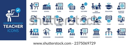 Teacher icon set. Containing lesson, class, school, teaching, mentor, professor, education, books, instruct, knowledge and pedagogy. Vector solid symbol collection. Royalty-Free Stock Photo #2375069729
