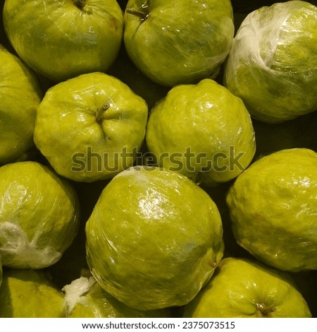 Thai fruit is called guava. It is bright green, has a sweet and sour taste, is fresh and crisp. It is a fruit that people who lose weight like to eat. Royalty-Free Stock Photo #2375073515