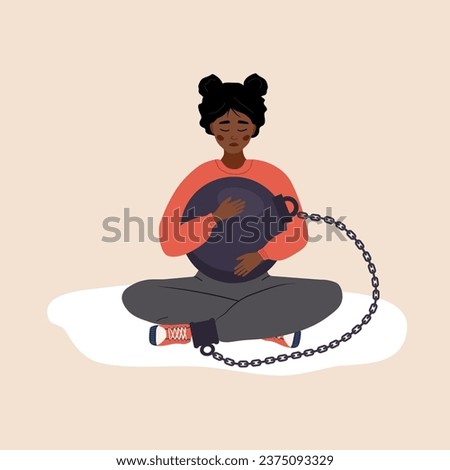 Self flagellation. Sad african woman hugging heavy wrecking ball and feeling guilty. Concept of psychological self-harm, criticism, judgment. Mental problems. Vector illustration in cartoon style. Royalty-Free Stock Photo #2375093329