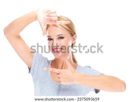 Portrait, woman and finger frame in studio to review creative profile picture on white background. Happy model check perspective for photography ideas, planning selfie and hand sign to border face