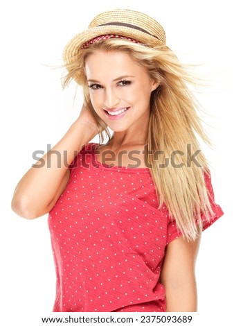 Fashion, hat and portrait of happy woman in studio in trendy clothes, summer outfit and style. Beauty, smile and isolated stylish person with confidence, pride and accessories on white background