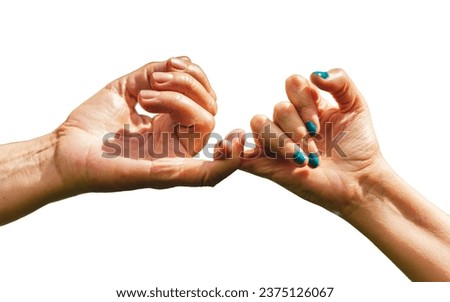 Young and mature hand making pinkie pinky promise sign. Close up shot of hands making a pinkie promise sign isolated on white. Mother and daughter crossing their little fingers in symbol of commitment