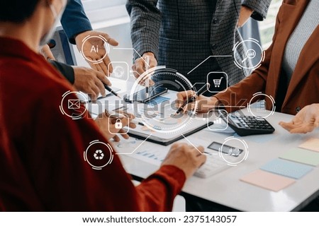 
Working team meeting concept, business using laptop and smart phone and digital tablet computer with digital marketing media  in virtual icon network diagram office in morning light
