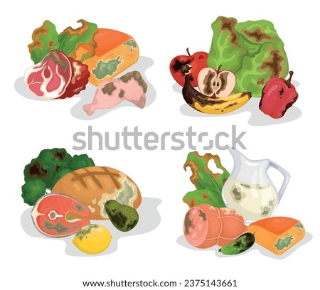 Rotten food 2x2 design concept set of four compositions consisting of toxic moldy expired products isolated vector illustration Royalty-Free Stock Photo #2375143661