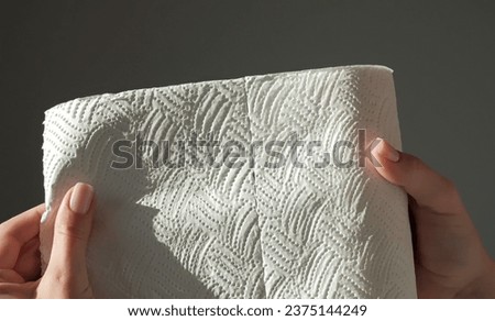 Female hands tear off piece of white paper towel from a roll. House cleaning concept. Close up, daylight. High quality photo Royalty-Free Stock Photo #2375144249