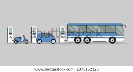 Company electric cars fleet charging on parking lot with fast charger station and many charger stalls 2d vector illustration concept for banner, website, landing page, flyer, etc Royalty-Free Stock Photo #2375152123