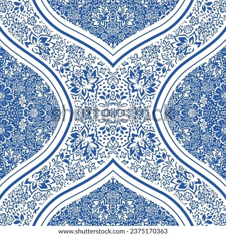 blue and white seamless floral vector flowers leaves with bandanna pattern