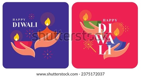 Happy Diwali with a modern design that features diya oil lamps. Hands holding Diwali oil lamps Royalty-Free Stock Photo #2375172037
