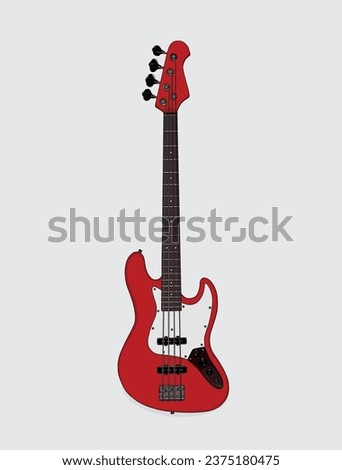 Red bass guitar, stringed-plucked instrument. Musical instrument. Vector illustration design