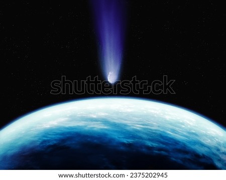 Close-up of blue planet with asteroid. Dangerous space object. A celestial body is approaching the Earth.