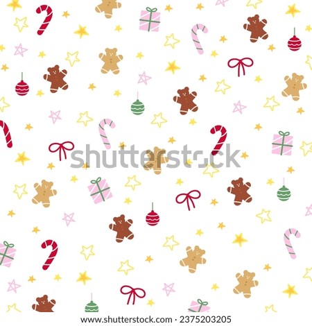 Christmas background with gingerbread man, candy cane, xmas gift for winter wallpaper, festive banner, gift wrap, card, ad template, print, packaging, frame, backdrop, social media post, cover design
