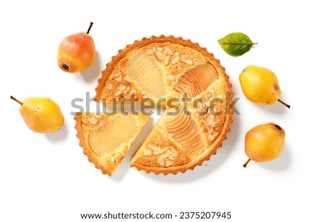 Classic Pear Frangipane Tart (Tarte Bourdaloue). Delicious Autumn and Winter pastry that is full of flavours and texture. isolated on white background, top view