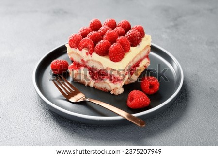 Summer tiramisu dessert with fresh raspberry and mascarpone cheese.	 Royalty-Free Stock Photo #2375207949