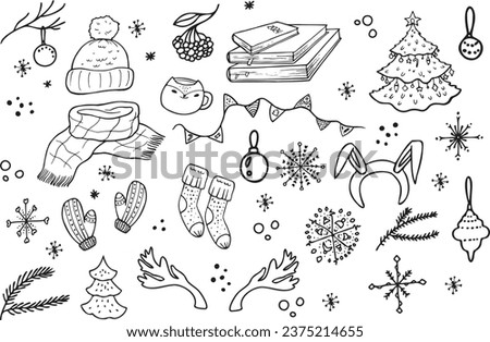 Vector New Year doodle set. Cozy hat and scarf, Christmas trees, snowflakes, mittens, branches, toys, berries, cup, socks, deer antlers, flags, snowballs, diaries, books on an isolated background.