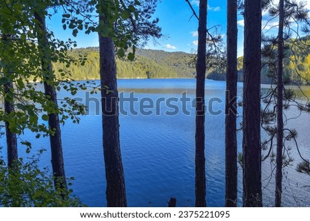 Autumn landscape with forest and Berovo lake in the middle of the forest, Berovo, Macedonia