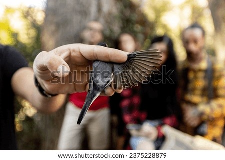 An ornithologist shows children how bird banding is important for environmental conservation Royalty-Free Stock Photo #2375228879