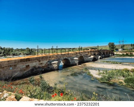 Historical "Yildiz" Bridge from the Roman period, located in the west of Sivas city in Turkey. "Yildiz" means "star", the name of the stream. The stone structures look restored. Royalty-Free Stock Photo #2375232201
