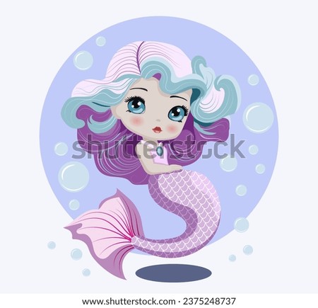 Hand drawn cute little purple mermaid doll with bubbles. Isolated design element for greeting card, poster, flyer, birthday, party, invitation, baby shower. Cartoon style vector illustration.