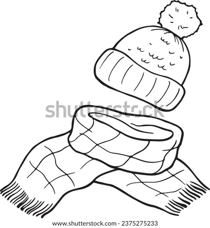 Cozy warm scarf and hat doodle clipart.Vector illustration in doodle style isolated on white background.Wool scarf and hat for winter and autumn designs.Exclusive design element, badge, icon.