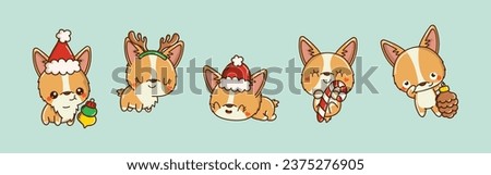 Set of Kawaii Christmas Corgi Dog Vector. Collection of Cute Vector Xmas Puppy Illustrations for Stickers. 