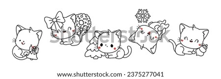 Collection of Vector Christmas Cat Outline. Set of Isolated Xmas Kitty Coloring Page. 