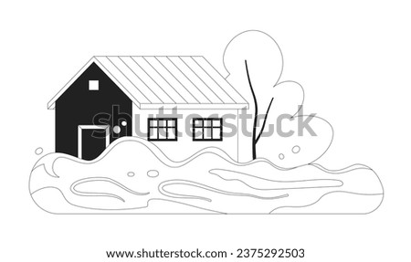 Flooded house monochrome flat vector object. Natural disaster. Flood. Editable black and white thin line icon. Simple cartoon clip art spot illustration for web graphic design
