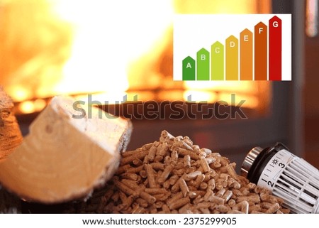 Energy label and fireplace with pellets and thermostat