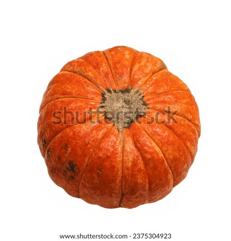 Fresh autumn orange pumpkin isolated on white background. Сoncept Halloween celebration background, fall harvest, minimalism holiday decoration template. Top view, flat lay, copy space
