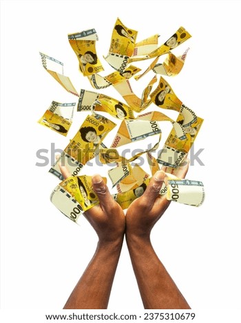 South Korean won notes falling in black male hands isolated on white background. 3d rendered banknotes