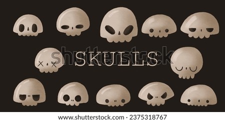 skulls isolated illustrations. Clip art with skeleton, head nones. Isolated design on black background