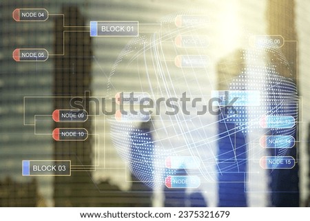 Double exposure of abstract programming language hologram and world map on modern skyscrapers background, research and development concept