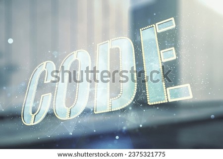 Code word hologram on blurry contemporary office building background, international software development concept. Multiexposure