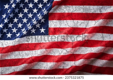Grungy American USA flag background for design. Beautifully waving wave American flag old wall texture for design. National pride of United States America. Memorial, President, Labor Day background.