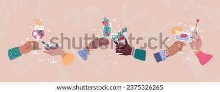Wine glass. Hands hold alcohol drinks, champagne or martini, Prosecco on holiday party, ice sangria. Different cocktails with fruits and berries, celebration cheers, Vector cartoon beverage Royalty-Free Stock Photo #2375326265