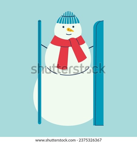 Cute active snowman with ski and poles. Happy winter character in hat and scarf. Outdoor sport activity. Vector illsutration