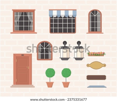 Constructor of house elements from brown doors, windows, lanterns, plants, signs. Create your own home. Exterior concept for house. Vector illustration. Cartoon flat style
