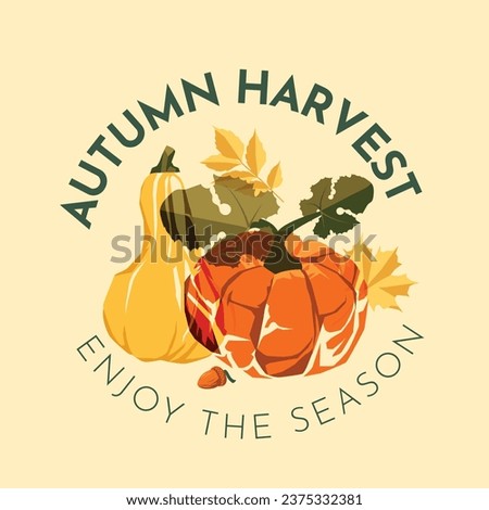 agriculture, gardening and autumn harvest concept. Pumpkin with autumn leaves and text. Risograph effect. Vector flat illustration