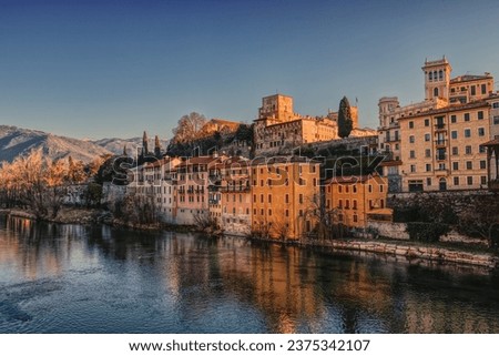 Historic center of Bassano del Grappa along the Brenta river in the Veneto region,Italy. Royalty-Free Stock Photo #2375342107
