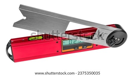 Electronic bevel protractor with spirit level and digital display isolated on white background. Closeup a red goniometer tool to measure angles with swinging arm, bubble libela and black locking knob.