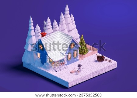House in the middle of the snowy forest in winter in isometric. 3d illustration with christmas concept