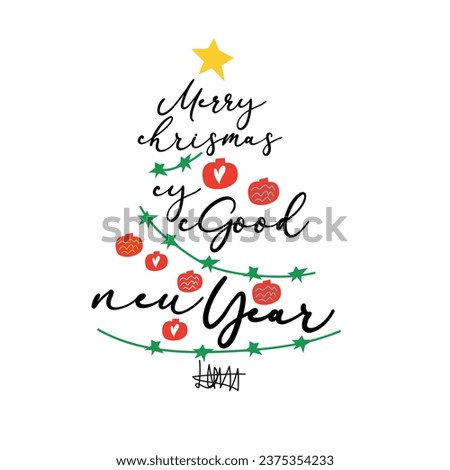 illustration, vector Christmas tree, Christmas card with hearts, ornaments, star, and festive text, Merry Christmas and New Year