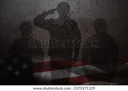 Silhouettes of soldiers saluting rusty on iron background with image of USA flag. American holiday typography poster. Banner, flyer, sticker, greeting card, postcard. Royalty-Free Stock Photo #2375371129