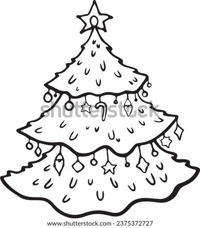 Decorated Christmas tree doodle clipart.Vector illustration in doodle style isolated on a white background. New Year and Christmas symbols for decoration.Exclusive design elements, badge, handmadу