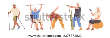 Set of elderly people enjoying sport activity doing physical exercise with fitness equipment Royalty-Free Stock Photo #2375372823