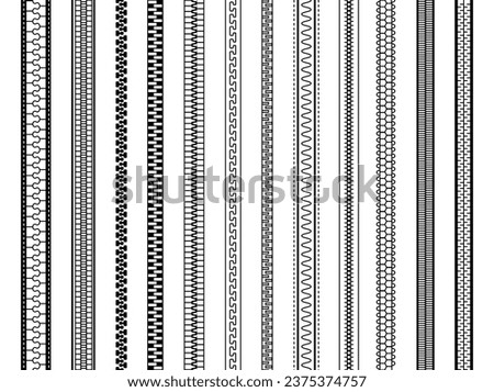 Zipper seamless set. Different zippers brush elements, tailor and clothing industry accessories. Fasteners patterns, decent vector flat set Royalty-Free Stock Photo #2375374757