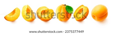 Apricot set isolated on white background. Fresh apricots - half, slice and whole apricots with leaf. Royalty-Free Stock Photo #2375377449