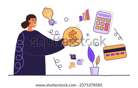 Money management scene. Trendy character calculated earning. Investment or savings concept. Vector illustration