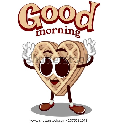 vector mascot character of a waffle cake in the shape of a heart with raised hands above it with the words good morning